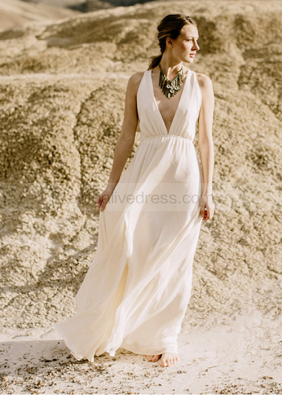 Ivory Chiffon Front Slit Criss Cross Back Sexy Wedding Dress